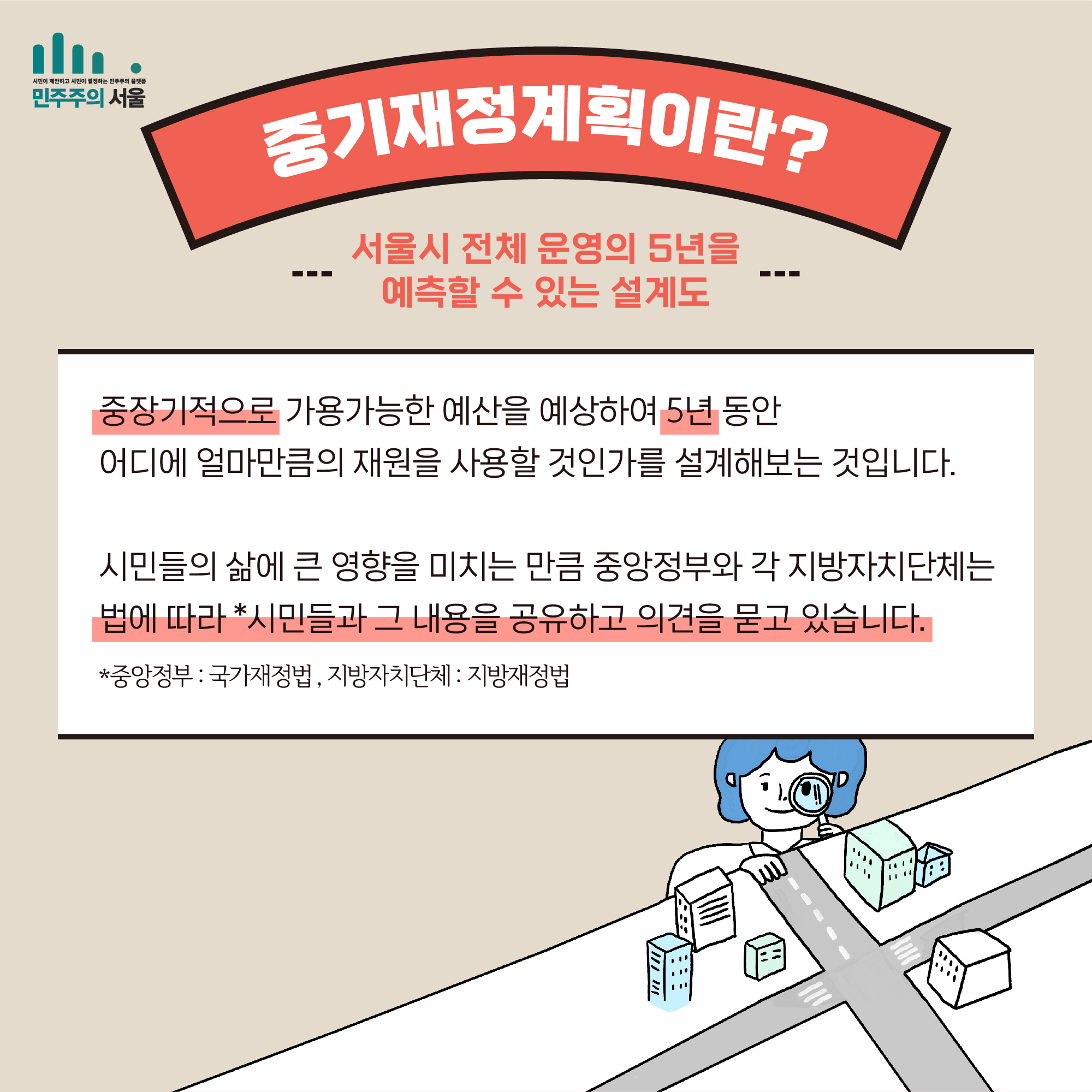 중기재정계획이란? 서울시 전체 운영의 5년을 예측할 수 잇는 설계도 중장기적으로 가용가능한 예산을 예상하여 5년동안 어디에 얼마만큼의 재원을 사요할 것인가를 설계해보는 것입니다. 시민들의 삶에 큰 영향을 미치는 만큼 중앙정부와 각 지방단체는 법에 따라 *시민들과 그 내용을 공유하고 의견을 묻고 있습니다. *중앙정부:국가재정법, 지방자치단체:지방재정법