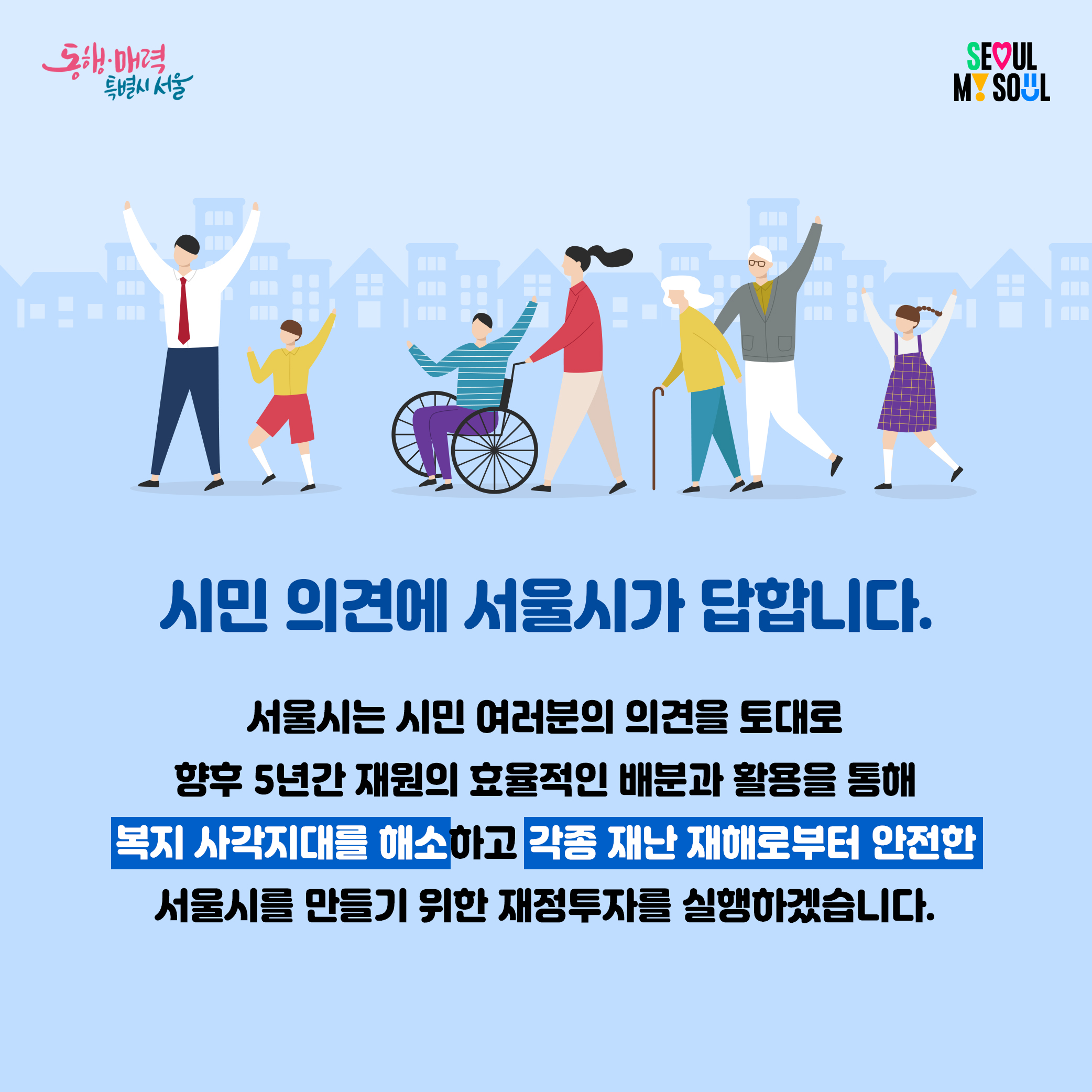 
시민 의견에 서울시가 답합니다. 서울시는 시민 여러분의 의견을 토대로 향후 5년간 재원의 효율적인 배분과 활용을 통해 복지 사각지대를 해소하고 각종 재난 재해로 부터 안전한 서울시를 만들기 위한 재정투자를 실행하겠습니다.
